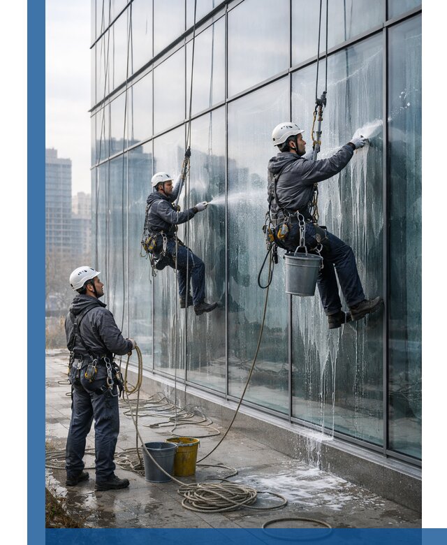 Промышленная мойка панорамных окон на высоте в Долгопрудном