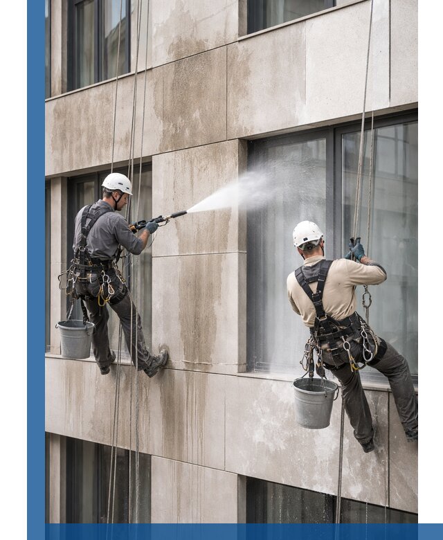 Послестроительная мойка фасада промышленным альпинизмом в Долгопрудном