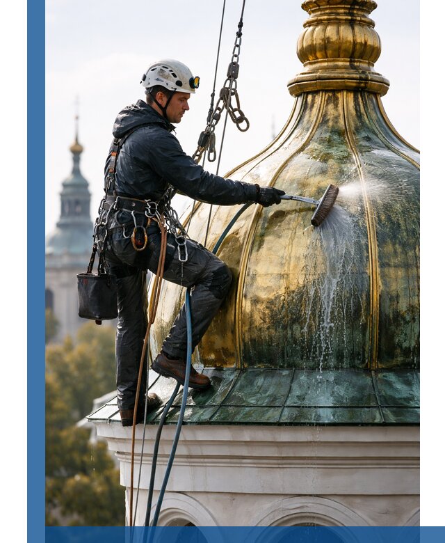Профессиональная мойка куполов и шпилей высотными альпинистами в Долгопрудном