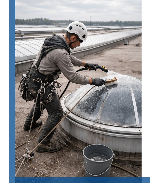 Мойка зенитных фонарей на кровле для промышленных объектов в Долгопрудном