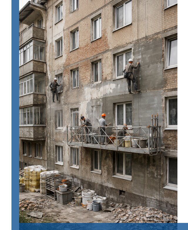 Капитальный ремонт фасада в Долгопрудном с восстановлением и гидроизоляцией