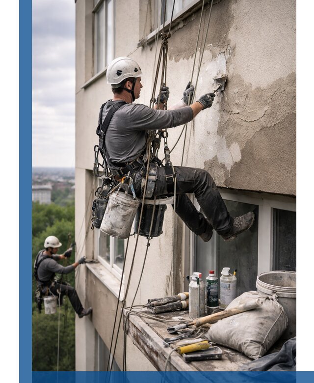 Косметический ремонт фасада зданий в Долгопрудном промышленными альпинистами