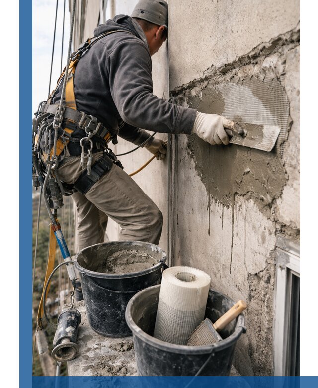 Ремонт бетонных элементов фасада промышленными альпинистами в Долгопрудном