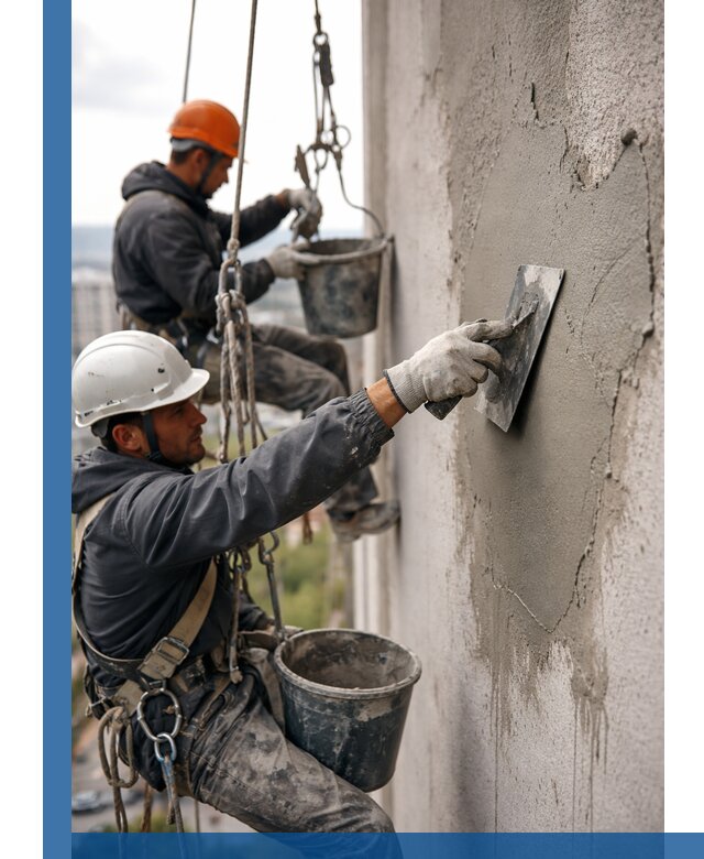 Штукатурка фасада на высоте в Долгопрудном профессиональные работы