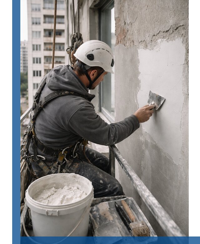 Шпаклевка фасадов на высоте с промальпинистами в Долгопрудном