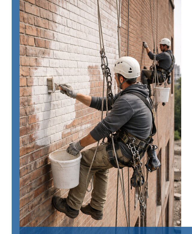 Покраска кирпичного фасада с доступным альпинистским сервисом в Долгопрудном