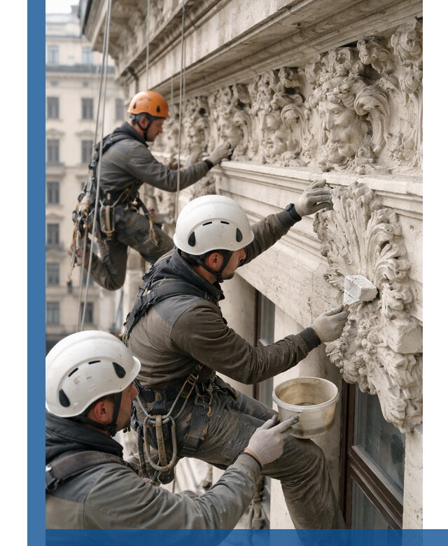 Реставрация фасадной лепнины с высотными работами в Долгопрудном