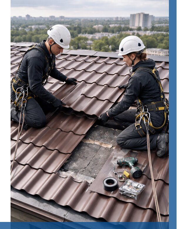 Ремонт металлочерепицы на крыше в Долгопрудном от 913 р. | ВЫСОТНИК-Длг