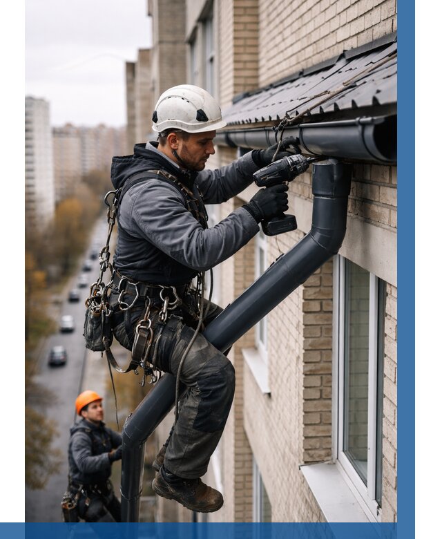 Монтаж водосточной системы на здании в Долгопрудном от 5073 р. | ВЫСОТНИК-Длг