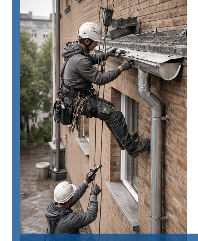 Монтаж водосточной системы на здании в Долгопрудном под ключ