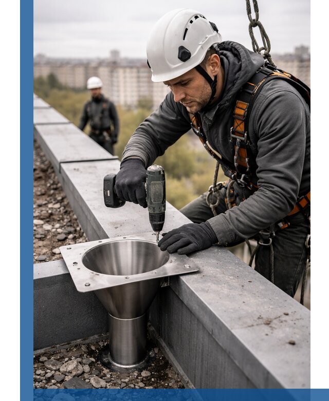 Монтаж водосточных воронок в Долгопрудном для промышленных зданий