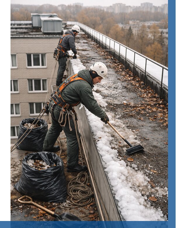 Очистка кровли по периметру в Долгопрудном от 558 р. | ВЫСОТНИК-Длг
