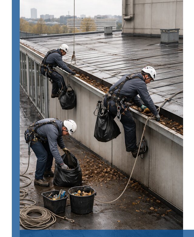 Очистка кровли по периметру в Долгопрудном силами промышленных альпинистов
