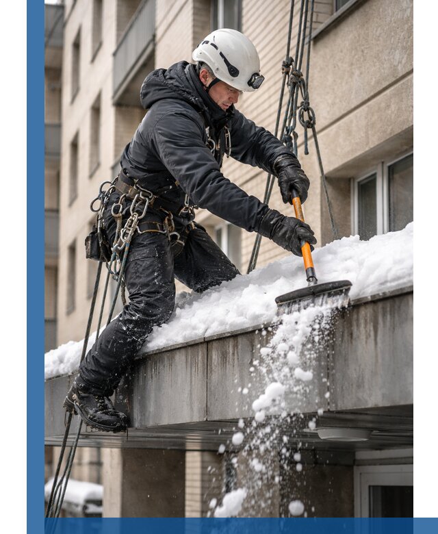Очистка козырьков от снега в Долгопрудном круглогодично безопасно