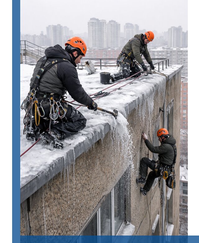 Удаление наледи с кровли в Долгопрудном промышленными альпинистами