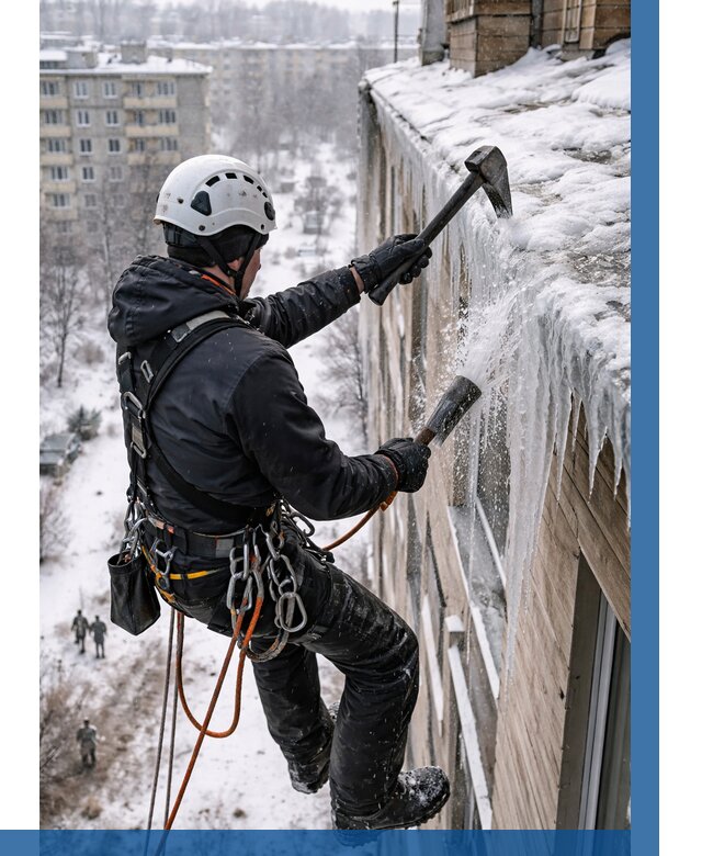 Сбивание сосулек с крыши в Долгопрудном по цене от 4566 р. | ВЫСОТНИК-Длг