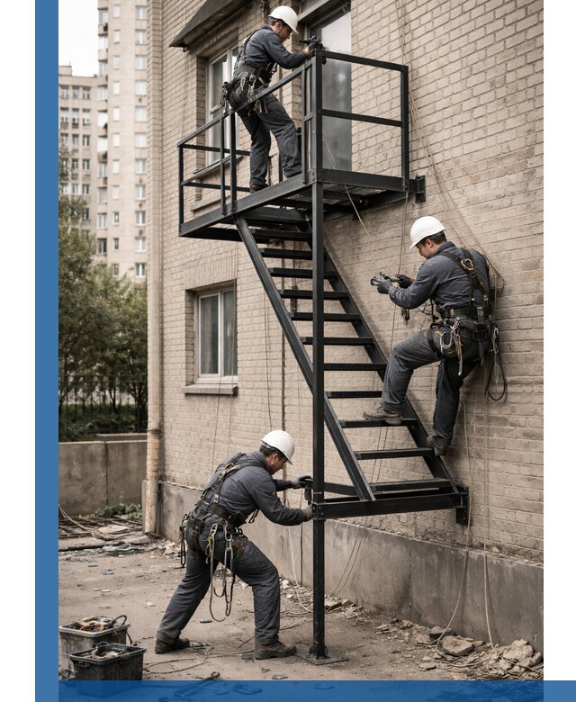 Монтаж пожарной лестницы в Долгопрудном, установка и крепление