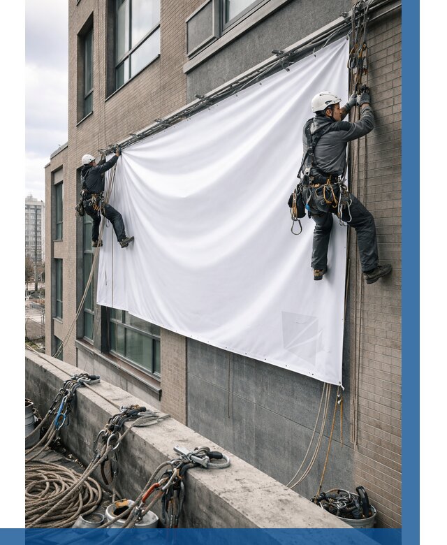 Монтаж баннеров на фасаде в Долгопрудном от 659 р. заказать ВЫСОТНИК-Длг