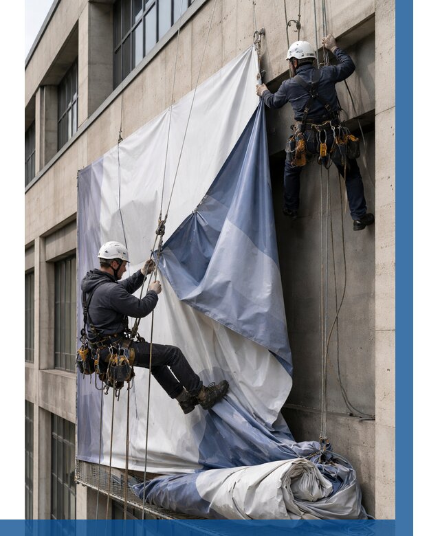 Демонтаж баннеров с фасада в Долгопрудном от 4566 р. | ВЫСОТНИК-Длг