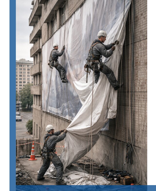 Демонтаж баннеров с фасада в Долгопрудном оперативно и безопасно