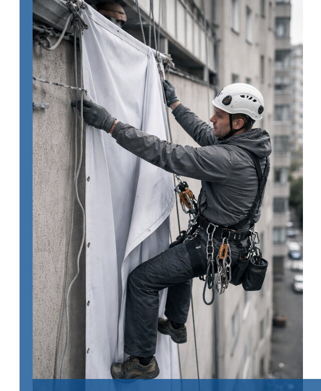 Замена баннерного полотна промышленными альпинистами в Долгопрудном