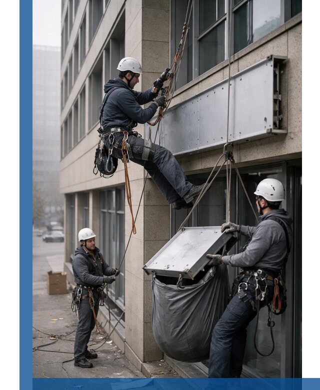 Демонтаж рекламной вывески с высотными работами в Долгопрудном