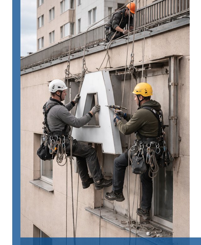Ремонт и восстановление наружных вывесок на высоте в Долгопрудном