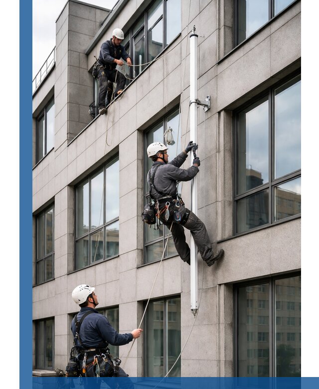 Монтаж флагштока на фасаде здания с креплением и герметикой в Долгопрудном