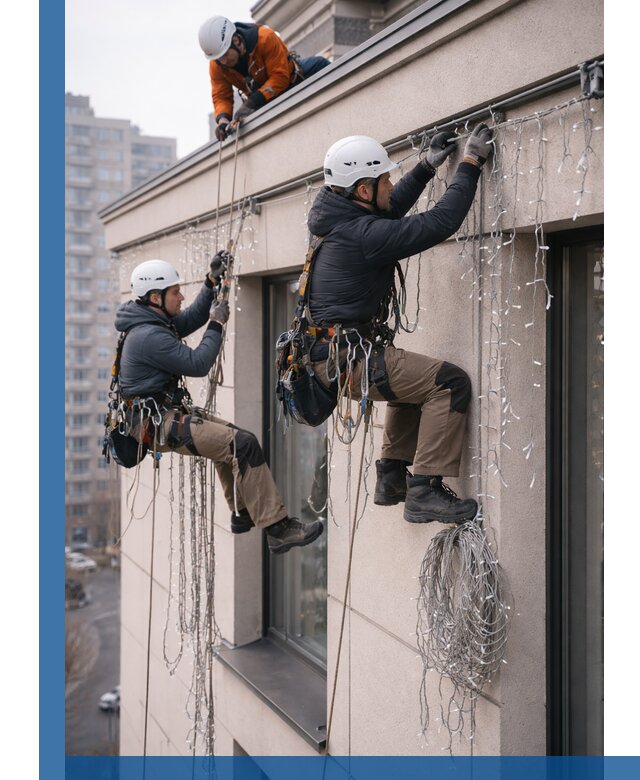 Монтаж праздничных гирлянд на фасаде в Долгопрудном для зданий