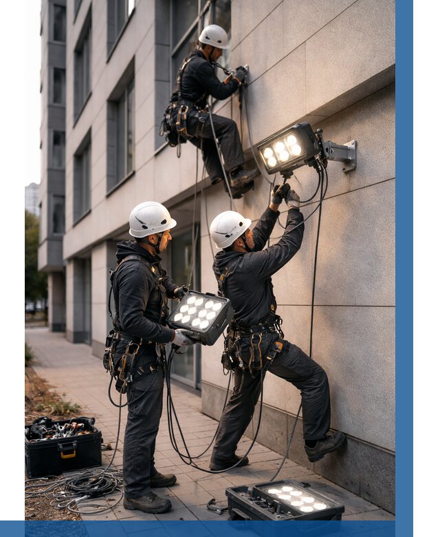 Монтаж прожекторов на фасаде в Долгопрудном от 7610 р. | ВЫСОТНИК-Длг