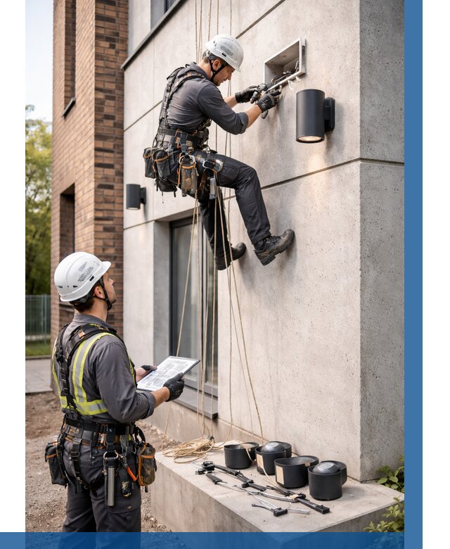 Монтаж фасадного освещения в Долгопрудном от 2537 р. | ВЫСОТНИК-Длг