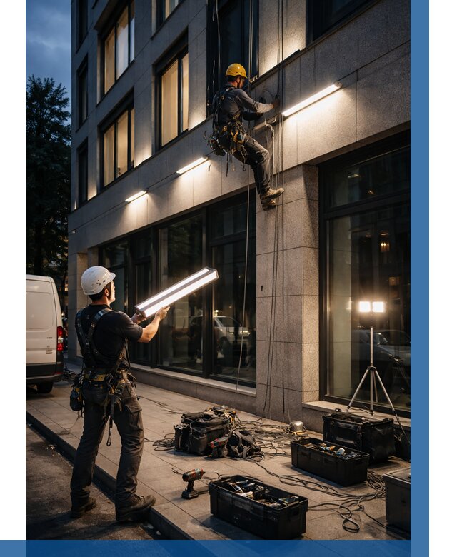 Монтаж архитектурной подсветки здания в Долгопрудном от 2537 р.|ВЫСОТНИК-Длг