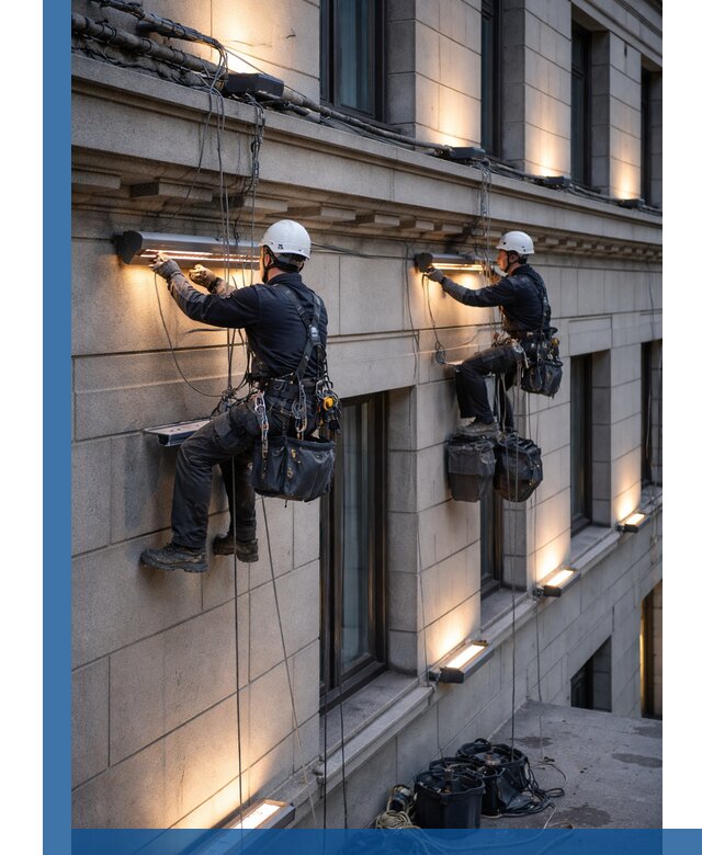 Монтаж архитектурной подсветки фасадов зданий в Долгопрудном