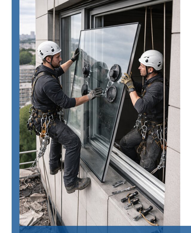 Замена стеклопакетов на высоте с промышленными альпинистами в Долгопрудном
