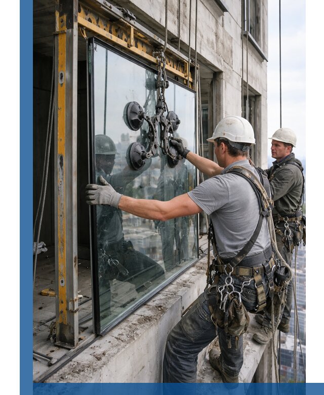 Монтаж стеклопакетов на высоте в Долгопрудном с промышленным альпинизмом