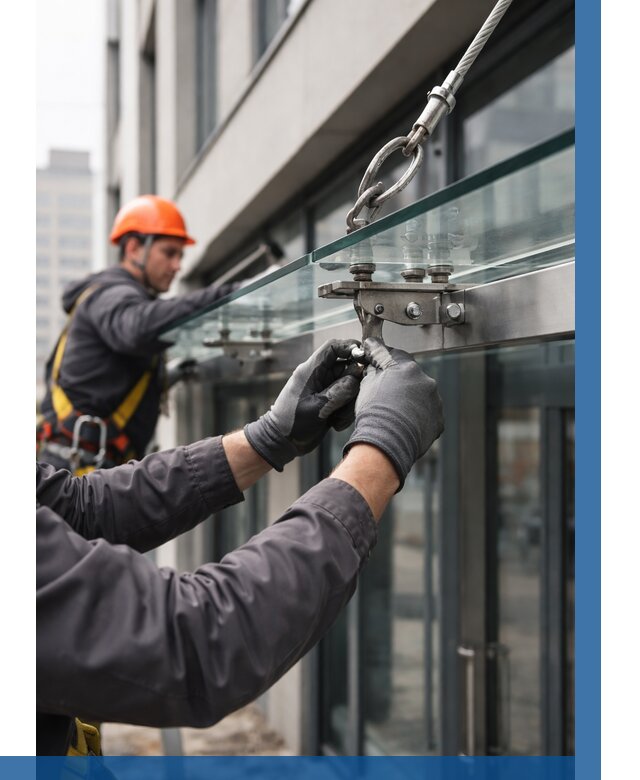 Монтаж стеклянных козырьков в Долгопрудном от 8624 р. | ВЫСОТНИК-Длг