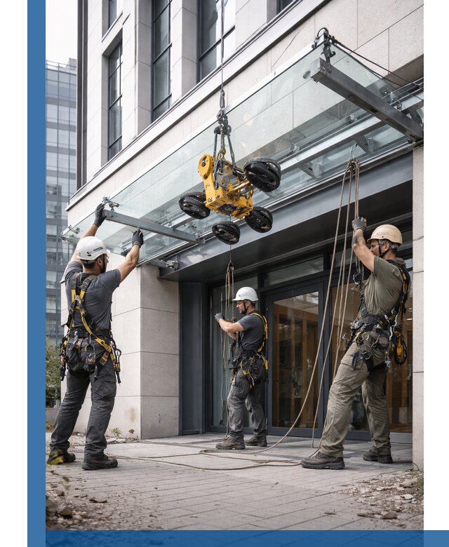 Монтаж стеклянных козырьков под ключ в Долгопрудном для зданий